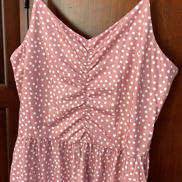 NWT Midi Polka Dot Adjustable Strap Ruched Front Dress - Picture 7 of 14